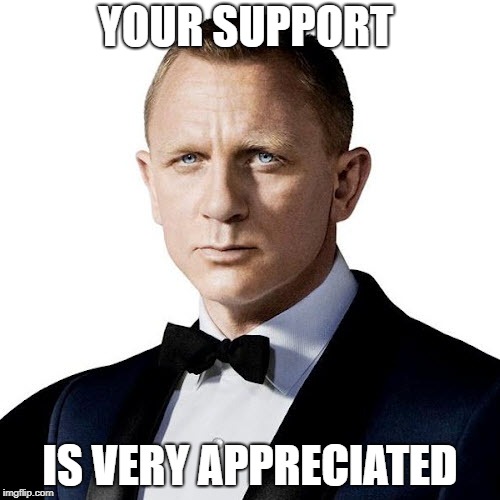 james bond says thank you | YOUR SUPPORT; IS VERY APPRECIATED | image tagged in james bond,serious,thankyouall | made w/ Imgflip meme maker