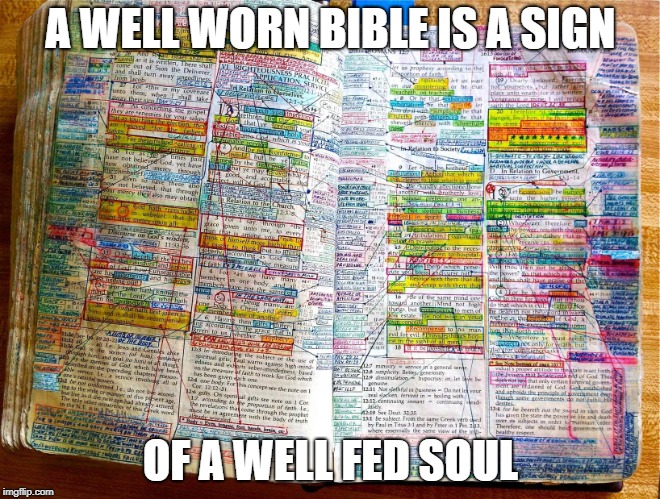 Worn Bible | A WELL WORN BIBLE IS A SIGN; OF A WELL FED SOUL | image tagged in worn bible | made w/ Imgflip meme maker