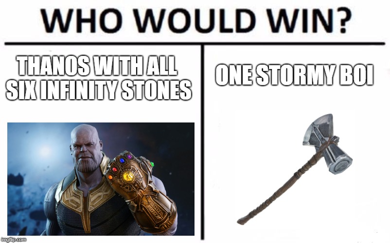 Thanos vs Stormbreaker | ONE STORMY BOI; THANOS WITH ALL SIX INFINITY STONES | image tagged in memes,who would win,thanos,avengers,marvel | made w/ Imgflip meme maker