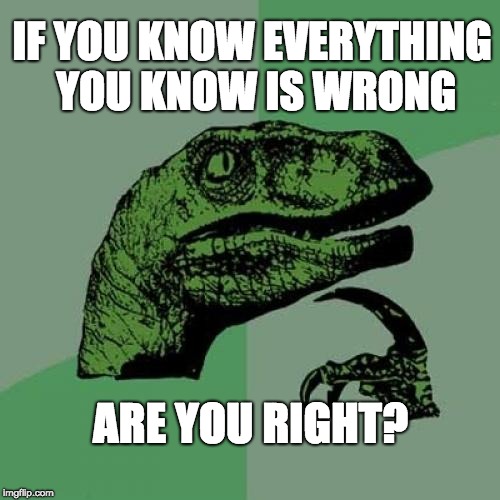 Philosoraptor Meme | IF YOU KNOW EVERYTHING YOU KNOW IS WRONG; ARE YOU RIGHT? | image tagged in memes,philosoraptor | made w/ Imgflip meme maker