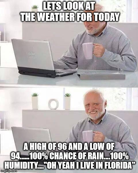 Hide the Pain Harold Meme | LETS LOOK AT THE WEATHER FOR TODAY; A HIGH OF 96 AND A LOW OF 94......100% CHANCE OF RAIN....100% HUMIDITY...."OH YEAH I LIVE IN FLORIDA" | image tagged in memes,hide the pain harold | made w/ Imgflip meme maker