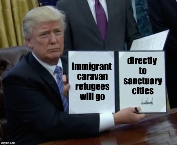 Trump Bill Signing | directly to sanctuary cities; Immigrant caravan refugees will go | image tagged in memes,trump bill signing | made w/ Imgflip meme maker