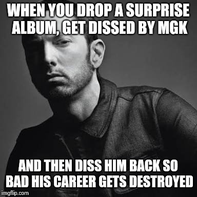 WHEN YOU DROP A SURPRISE ALBUM, GET DISSED BY MGK; AND THEN DISS HIM BACK SO BAD HIS CAREER GETS DESTROYED | image tagged in eminem | made w/ Imgflip meme maker