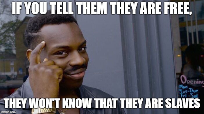 Roll Safe Think About It Meme | IF YOU TELL THEM THEY ARE FREE, THEY WON'T KNOW THAT THEY ARE SLAVES | image tagged in memes,roll safe think about it | made w/ Imgflip meme maker