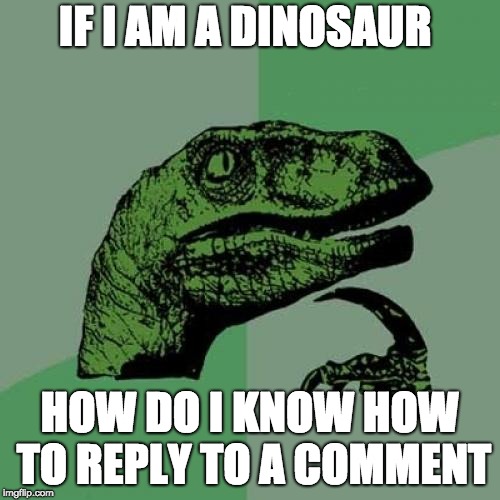 Philosoraptor Meme | IF I AM A DINOSAUR HOW DO I KNOW HOW TO REPLY TO A COMMENT | image tagged in memes,philosoraptor | made w/ Imgflip meme maker