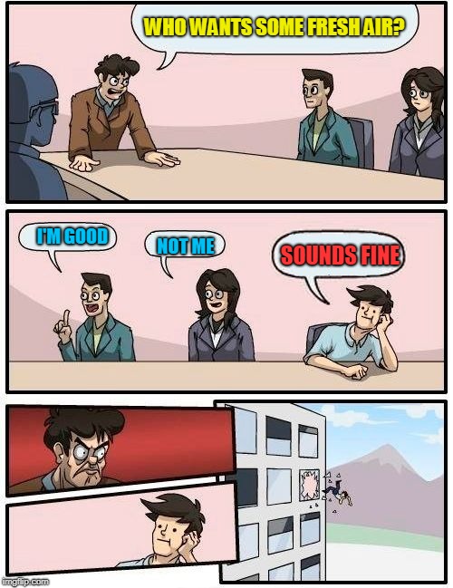 Boardroom Meeting Suggestion Meme | WHO WANTS SOME FRESH AIR? I'M GOOD; SOUNDS FINE; NOT ME | image tagged in memes,boardroom meeting suggestion | made w/ Imgflip meme maker