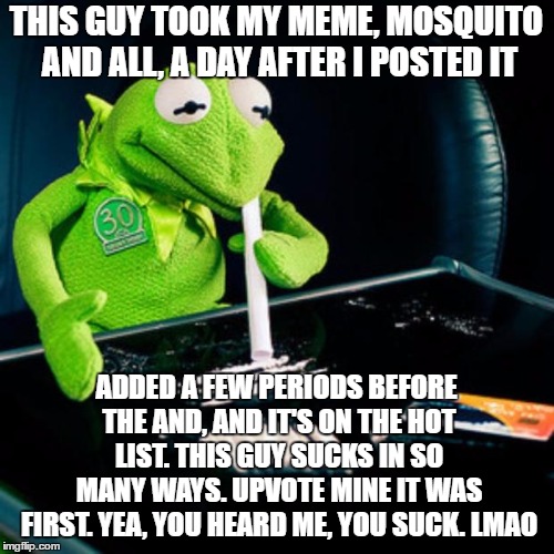 THIS GUY TOOK MY MEME, MOSQUITO AND ALL, A DAY AFTER I POSTED IT ADDED A FEW PERIODS BEFORE THE AND, AND IT'S ON THE HOT LIST. THIS GUY SUCK | made w/ Imgflip meme maker