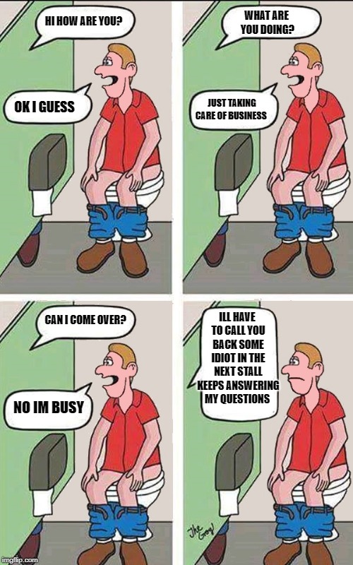 toilet talk  | WHAT ARE YOU DOING? HI HOW ARE YOU? JUST TAKING CARE OF BUSINESS; OK I GUESS; ILL HAVE TO CALL YOU BACK SOME IDIOT IN THE NEXT STALL KEEPS ANSWERING MY QUESTIONS; CAN I COME OVER? NO IM BUSY | image tagged in comics/cartoons,funny | made w/ Imgflip meme maker