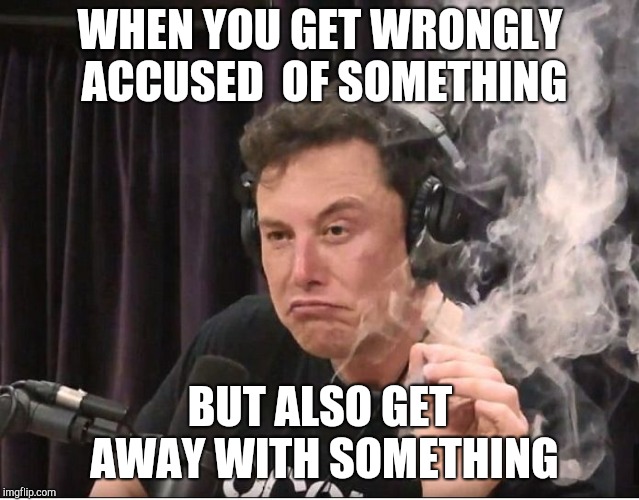 Elon Musk smoking a joint | WHEN YOU GET WRONGLY ACCUSED  OF SOMETHING; BUT ALSO GET AWAY WITH SOMETHING | image tagged in elon musk smoking a joint | made w/ Imgflip meme maker