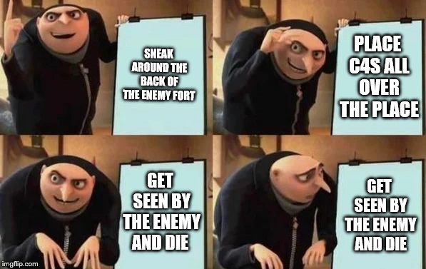 Gru's Plan | SNEAK AROUND THE BACK OF THE ENEMY FORT; PLACE C4S ALL OVER THE PLACE; GET SEEN BY THE ENEMY AND DIE; GET SEEN BY THE ENEMY AND DIE | image tagged in gru's plan | made w/ Imgflip meme maker