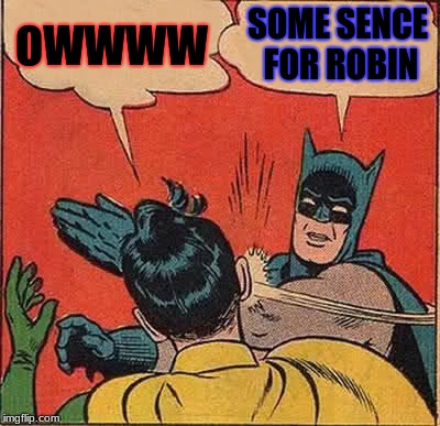 Batman Slapping Robin Meme | OWWWW; SOME SENCE FOR ROBIN | image tagged in memes,batman slapping robin | made w/ Imgflip meme maker