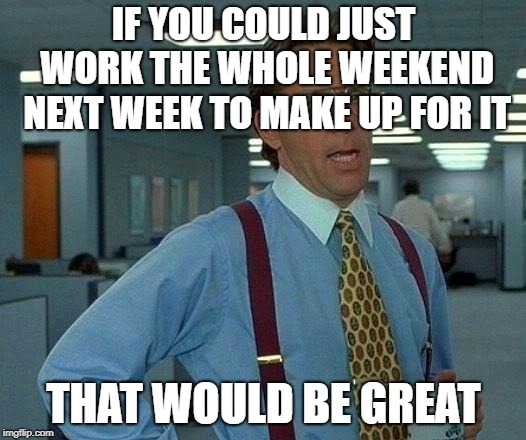 That Would Be Great Meme | IF YOU COULD JUST WORK THE WHOLE WEEKEND NEXT WEEK TO MAKE UP FOR IT THAT WOULD BE GREAT | image tagged in memes,that would be great | made w/ Imgflip meme maker