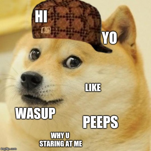 Doge Meme | HI; YO; LIKE; WASUP; PEEPS; WHY U STARING AT ME | image tagged in memes,doge,scumbag | made w/ Imgflip meme maker