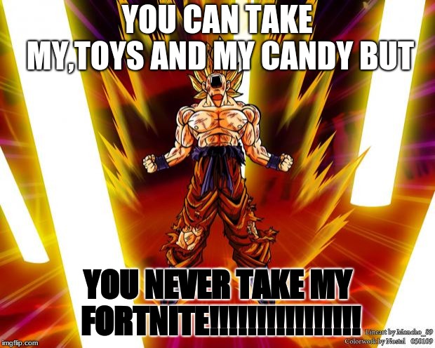 Goku DBZ Wikia Becky Hijabi | YOU CAN TAKE MY,TOYS AND MY CANDY BUT; YOU NEVER TAKE MY FORTNITE!!!!!!!!!!!!!!!! | image tagged in goku dbz wikia becky hijabi | made w/ Imgflip meme maker