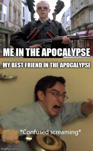 The apocalypse | ME IN THE APOCALYPSE; MY BEST FRIEND IN THE APOCALYPSE | image tagged in funny | made w/ Imgflip meme maker