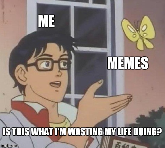 Is This A Pigeon Meme | ME; MEMES; IS THIS WHAT I'M WASTING MY LIFE DOING? | image tagged in memes,is this a pigeon | made w/ Imgflip meme maker
