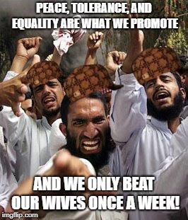 Peace?! | PEACE, TOLERANCE, AND EQUALITY ARE WHAT WE PROMOTE; AND WE ONLY BEAT OUR WIVES ONCE A WEEK! | image tagged in angry muslim,scumbag,political meme | made w/ Imgflip meme maker