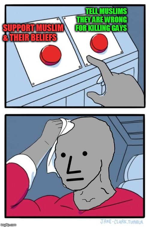 Hypocrite?  | TELL MUSLIMS THEY ARE WRONG FOR KILLING GAYS; SUPPORT MUSLIM & THEIR BELIEFS | image tagged in npc choice dilema,stuck | made w/ Imgflip meme maker