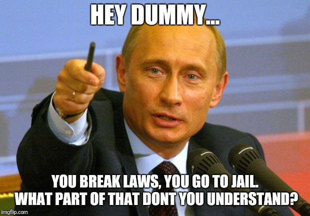 Good Guy Putin | HEY DUMMY... YOU BREAK LAWS, YOU GO TO JAIL. WHAT PART OF THAT DONT YOU UNDERSTAND? | image tagged in memes,good guy putin | made w/ Imgflip meme maker