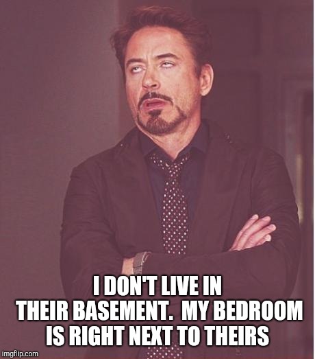 Face You Make Robert Downey Jr Meme | I DON'T LIVE IN THEIR BASEMENT.  MY BEDROOM IS RIGHT NEXT TO THEIRS | image tagged in memes,face you make robert downey jr | made w/ Imgflip meme maker
