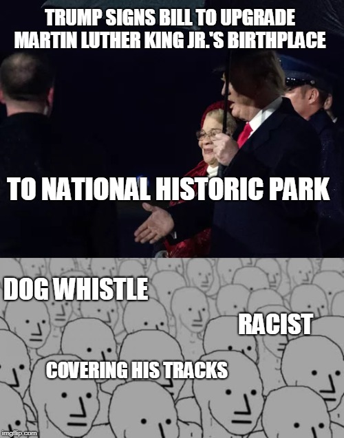 He's obviously just manipulating POC  | TRUMP SIGNS BILL TO UPGRADE MARTIN LUTHER KING JR.'S BIRTHPLACE; TO NATIONAL HISTORIC PARK; DOG WHISTLE; RACIST; COVERING HIS TRACKS | image tagged in trump,mlk jr,racist,people of color,npc,memes | made w/ Imgflip meme maker