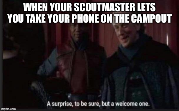 Palpatine Surprise to be sure | WHEN YOUR SCOUTMASTER LETS YOU TAKE YOUR PHONE ON THE CAMPOUT | image tagged in palpatine surprise to be sure,boy scouts,boy scout,scout | made w/ Imgflip meme maker