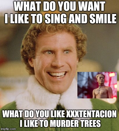 Buddy The Elf Meme | WHAT DO YOU WANT I LIKE TO SING AND SMILE; WHAT DO YOU LIKE XXXTENTACION I LIKE TO MURDER TREES | image tagged in memes,buddy the elf | made w/ Imgflip meme maker