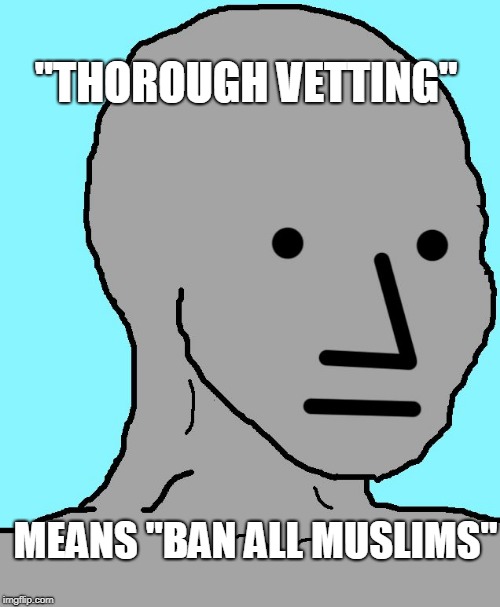 NPC Meme | "THOROUGH VETTING" MEANS "BAN ALL MUSLIMS" | image tagged in npc | made w/ Imgflip meme maker