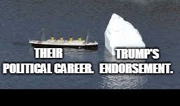 TRump's endorcement | TRUMP'S ENDORSEMENT. THEIR POLITICAL CAREER. | image tagged in trump,titanic | made w/ Imgflip meme maker