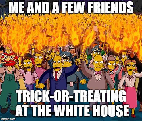 angry mob | ME AND A FEW FRIENDS; TRICK-OR-TREATING AT THE WHITE HOUSE | image tagged in angry mob | made w/ Imgflip meme maker
