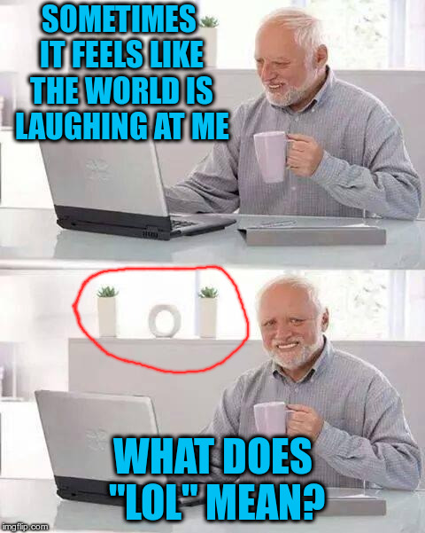 Hope this isn't a repost! | SOMETIMES IT FEELS LIKE THE WORLD IS LAUGHING AT ME; WHAT DOES "LOL" MEAN? | image tagged in memes,hide the pain harold | made w/ Imgflip meme maker