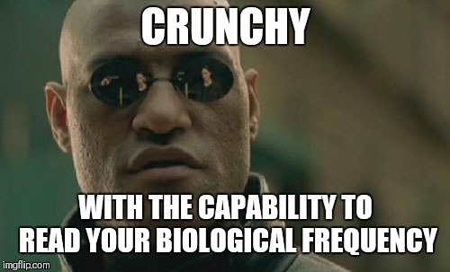 CRUNCHY WITH THE CAPABILITY TO READ YOUR BIOLOGICAL FREQUENCY | image tagged in memes,matrix morpheus | made w/ Imgflip meme maker