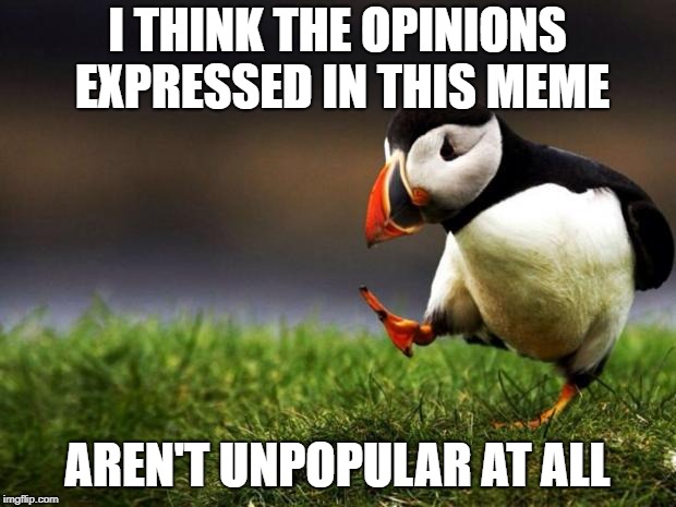 Unpopular Opinion Puffin Meme | I THINK THE OPINIONS EXPRESSED IN THIS MEME; AREN'T UNPOPULAR AT ALL | image tagged in memes,unpopular opinion puffin | made w/ Imgflip meme maker