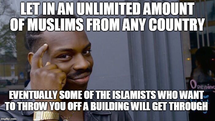 Roll Safe Think About It Meme | LET IN AN UNLIMITED AMOUNT OF MUSLIMS FROM ANY COUNTRY EVENTUALLY SOME OF THE ISLAMISTS WHO WANT TO THROW YOU OFF A BUILDING WILL GET THROUG | image tagged in memes,roll safe think about it | made w/ Imgflip meme maker