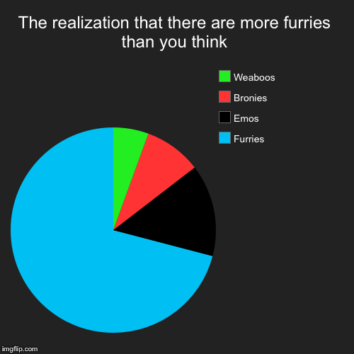 The realization that there are more furries than you think | Furries, Emos , Bronies , Weaboos | image tagged in funny,pie charts | made w/ Imgflip chart maker