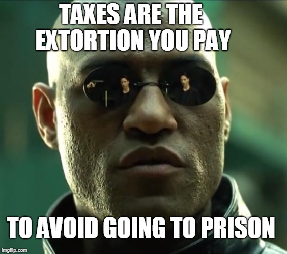 Morpheus  | TAXES ARE THE EXTORTION YOU PAY TO AVOID GOING TO PRISON | image tagged in morpheus | made w/ Imgflip meme maker