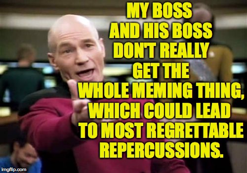 Picard Wtf Meme | MY BOSS AND HIS BOSS DON'T REALLY GET THE WHOLE MEMING THING, WHICH COULD LEAD TO MOST REGRETTABLE REPERCUSSIONS. | image tagged in memes,picard wtf | made w/ Imgflip meme maker