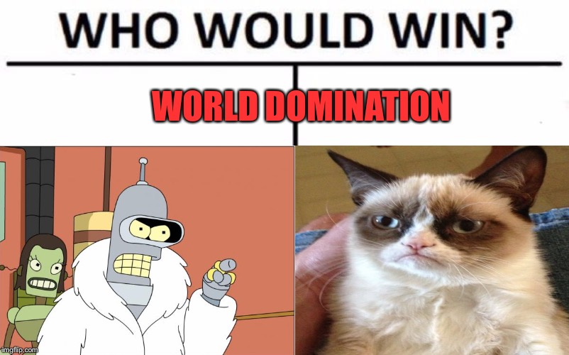 All hail Bender/Grumpy.  Credit to Craziness_all_the_way. | WORLD
DOMINATION | image tagged in bender,grumpy cat,world domination,memes,funny | made w/ Imgflip meme maker