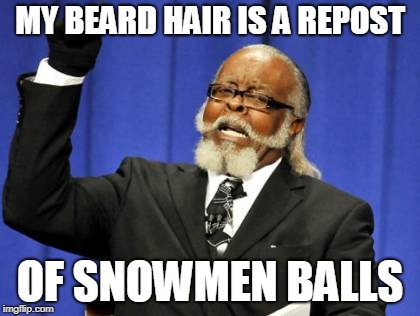 Too Damn High | MY BEARD HAIR IS A REPOST; OF SNOWMEN BALLS | image tagged in memes,too damn high | made w/ Imgflip meme maker