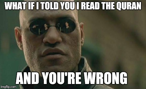 Matrix Morpheus Meme | WHAT IF I TOLD YOU I READ THE QURAN AND YOU'RE WRONG | image tagged in memes,matrix morpheus | made w/ Imgflip meme maker