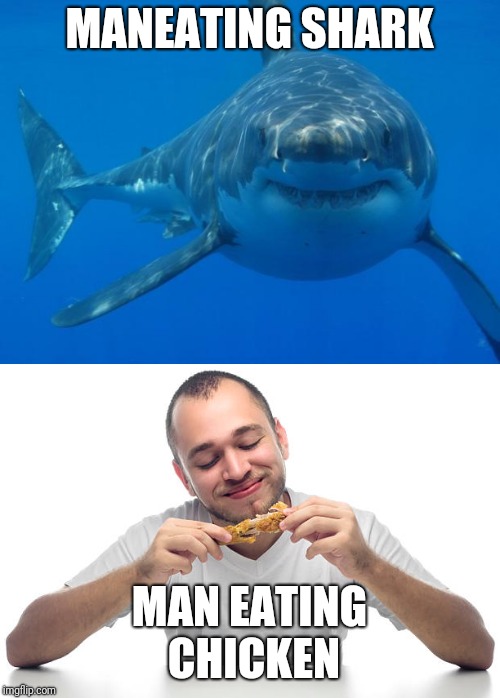 Have you ever seen a man eating chicken? | MANEATING SHARK; MAN EATING CHICKEN | image tagged in dad joke,puns | made w/ Imgflip meme maker