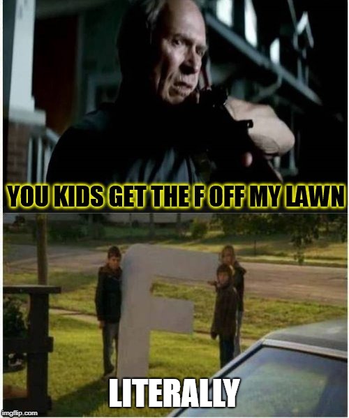 Get the F off my lawn.  Literally | LITERALLY | image tagged in literally | made w/ Imgflip meme maker