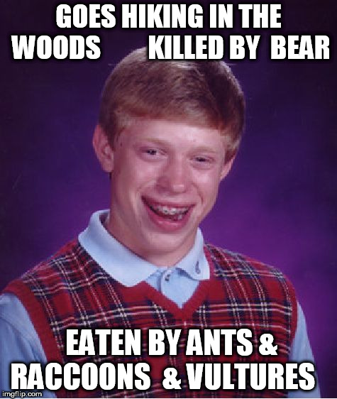 Brian's first/  Last hiking trip. | GOES HIKING IN THE WOODS   




 KILLED BY  BEAR; EATEN BY ANTS & RACCOONS  & VULTURES | image tagged in memes,bad luck brian,killed by bear,eaten by ants,vultures,goes hiking raccoons woods | made w/ Imgflip meme maker