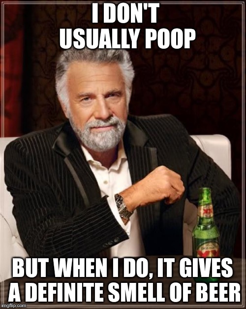 The Most Interesting Man In The World | I DON'T USUALLY POOP; BUT WHEN I DO, IT GIVES A DEFINITE SMELL OF BEER | image tagged in memes,the most interesting man in the world | made w/ Imgflip meme maker