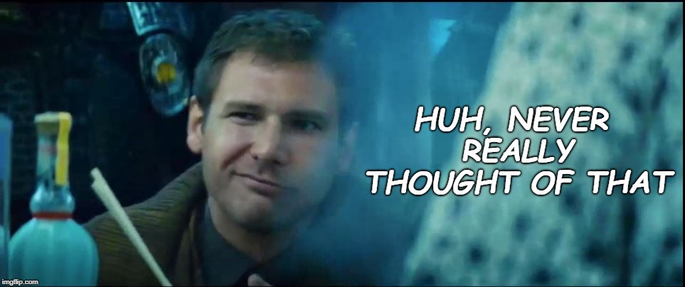 Huh | HUH, NEVER REALLY THOUGHT OF THAT | image tagged in blade runner,harrison ford,memes,huh,movie | made w/ Imgflip meme maker