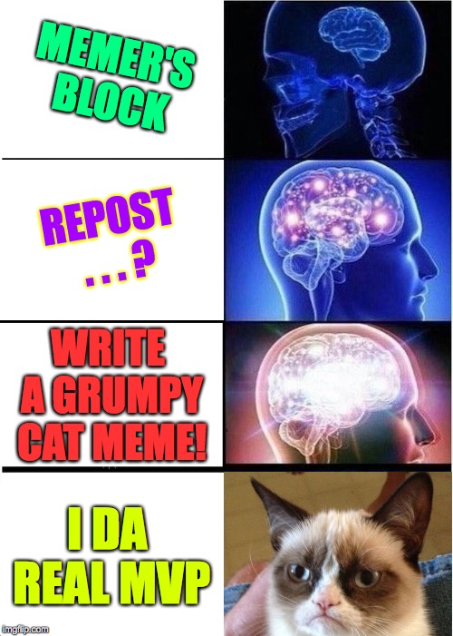 Just as i suspected. | MEMER'S BLOCK; REPOST . . . ? WRITE A GRUMPY CAT MEME! I DA REAL MVP | image tagged in memes,expanding brain,grumpy cat,you da real mvp,memer's block,repost | made w/ Imgflip meme maker