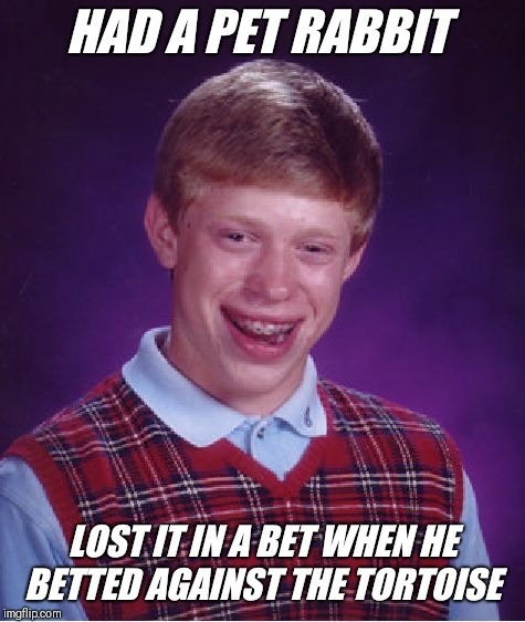 The Tortoise And The Hare | HAD A PET RABBIT; LOST IT IN A BET WHEN HE BETTED AGAINST THE TORTOISE | image tagged in memes,bad luck brian,pets,funny,rabbits,the tortoise and the hare | made w/ Imgflip meme maker