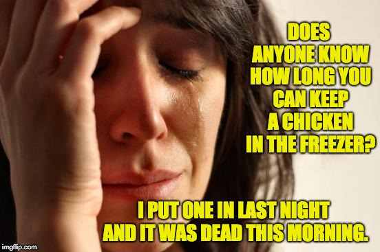 First World Problems Meme | DOES ANYONE KNOW HOW LONG YOU CAN KEEP A CHICKEN IN THE FREEZER? I PUT ONE IN LAST NIGHT AND IT WAS DEAD THIS MORNING. | image tagged in memes,first world problems | made w/ Imgflip meme maker