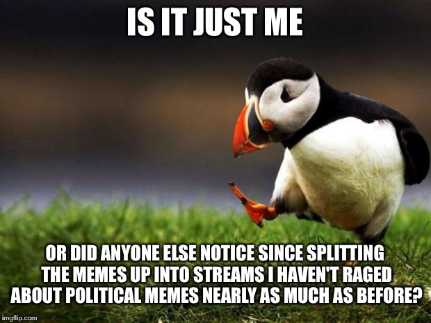 I know not many people do but I like the change | IS IT JUST ME; OR DID ANYONE ELSE NOTICE SINCE SPLITTING THE MEMES UP INTO STREAMS I HAVEN'T RAGED ABOUT POLITICAL MEMES NEARLY AS MUCH AS BEFORE? | image tagged in memes,unpopular opinion puffin | made w/ Imgflip meme maker