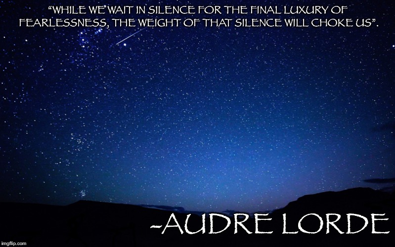 night sky | “WHILE WE WAIT IN SILENCE FOR THE FINAL LUXURY OF FEARLESSNESS, THE WEIGHT OF THAT SILENCE WILL CHOKE US”. -AUDRE LORDE | image tagged in night sky | made w/ Imgflip meme maker